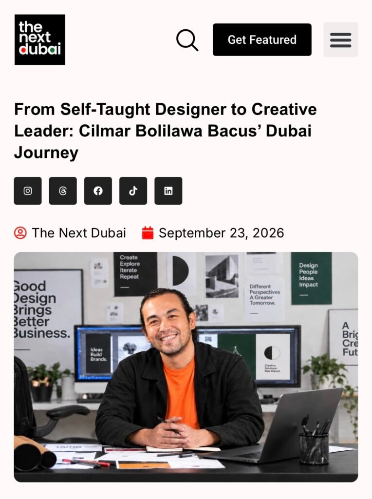 Cilmar Bacus featured in The Next Dubai as a Filipino graphic designer and Head of Creative in Dubai