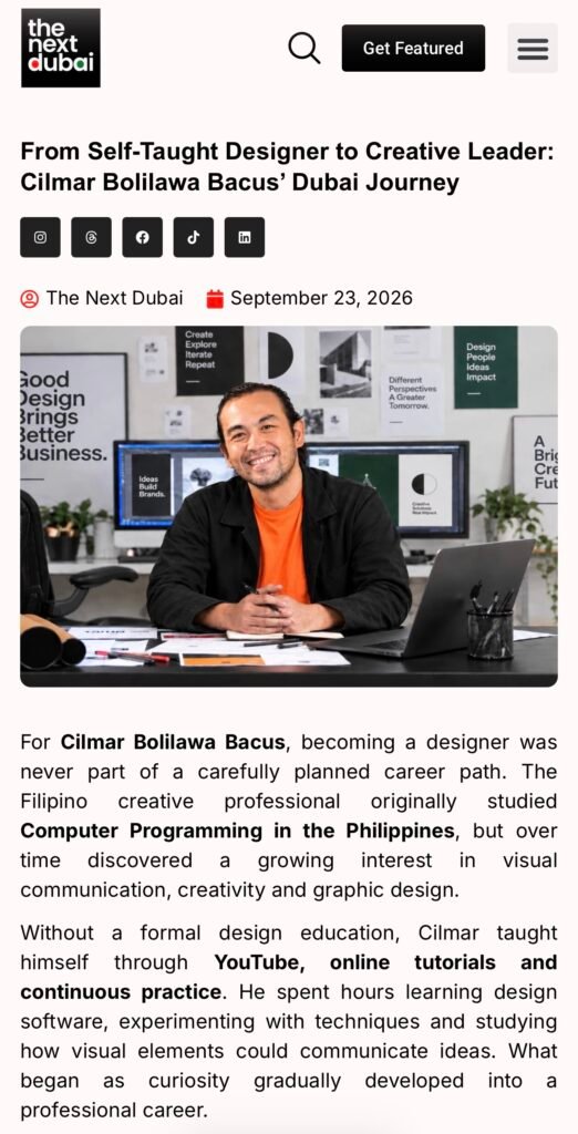 The Next Dubai article featuring Cilmar Bacus and his Dubai design journey