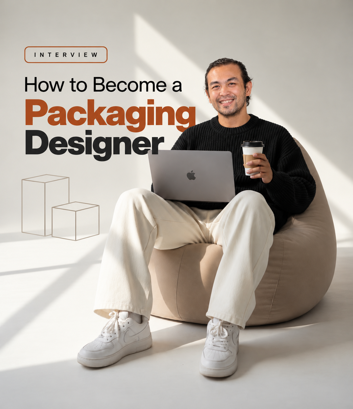 Interview cover graphic: How to Become a Packaging Designer, featuring Cilmar Bacus seated with a laptop