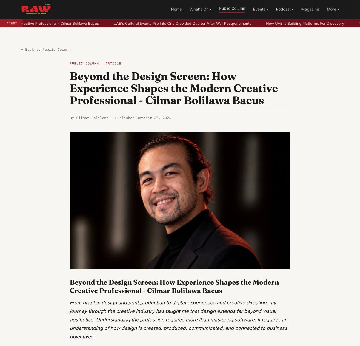 RAW Arabia Public Column article Beyond the Design Screen featuring Cilmar Bolilawa Bacus with portrait and October 27, 2026 publication date